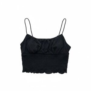 Beceel Womens Black Smocked Crop Top Spaghetti Strap Ruffle Hem Size L